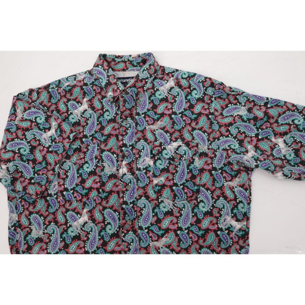 VTG Wrangler Shirt Mens 16.5 Paisley horse Cowboy Cut x-long tails Button Down